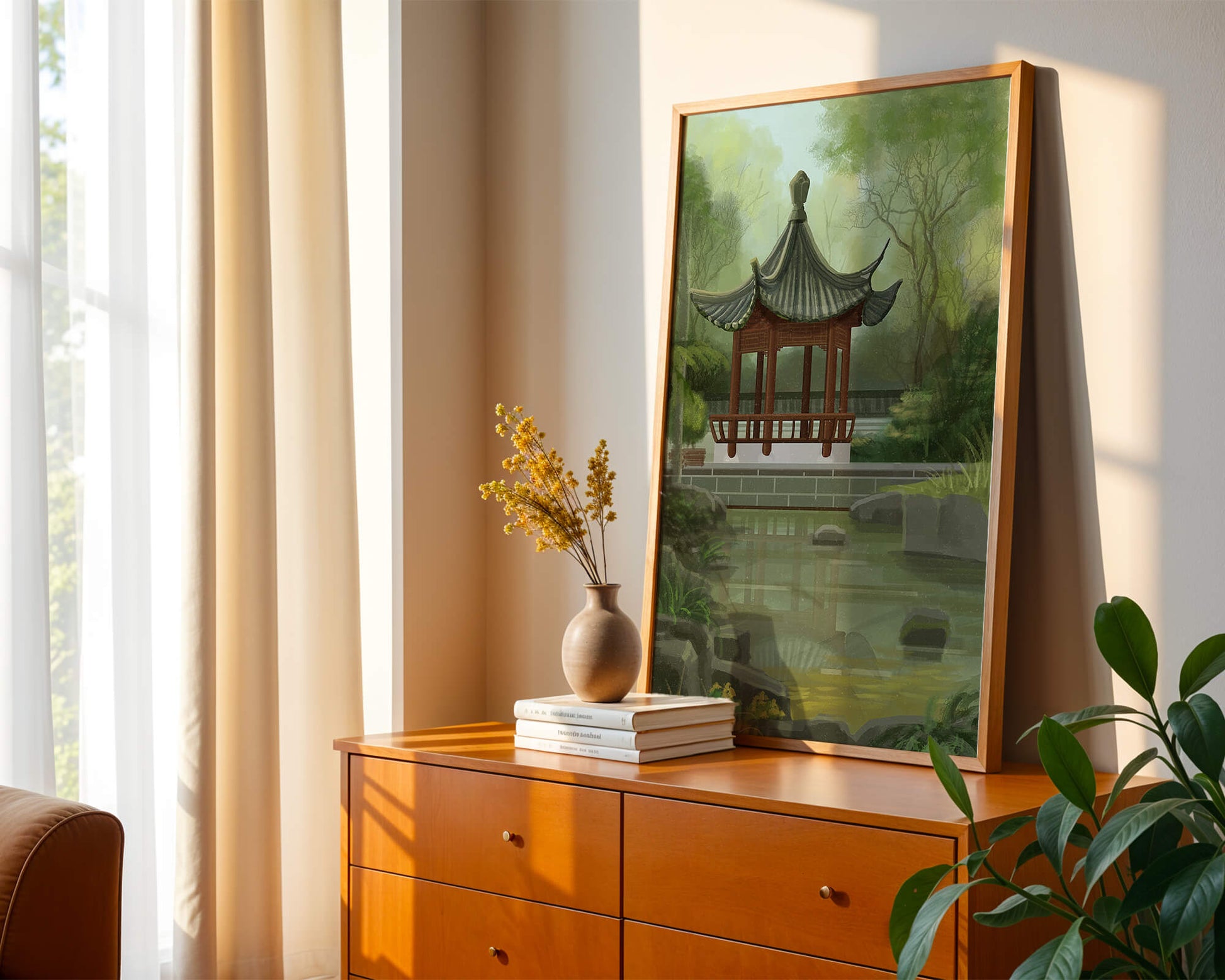 Tranquil Asian garden scene with traditional pagoda and serene pond