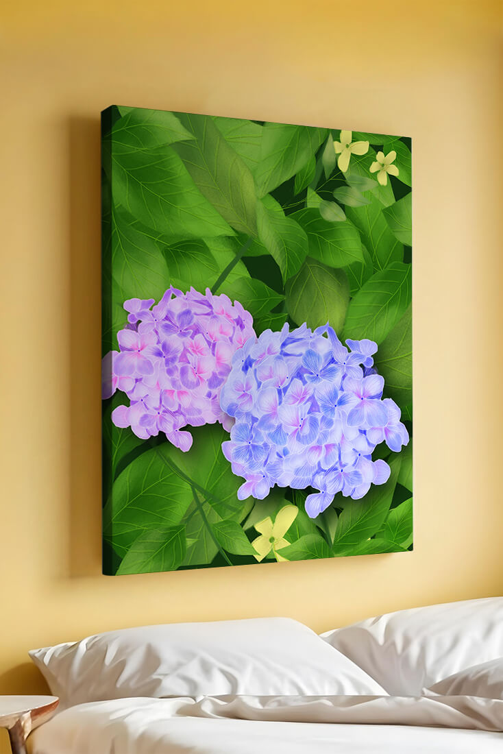 Delicate hydrangeas with lush green leaves in a vibrant botanical scene