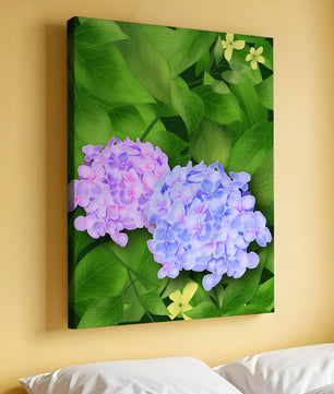 Delicate hydrangeas with lush green leaves in a vibrant botanical scene