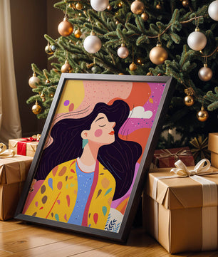 Ilustración colorida de una mujer en estilo artístico con fondo vibrante