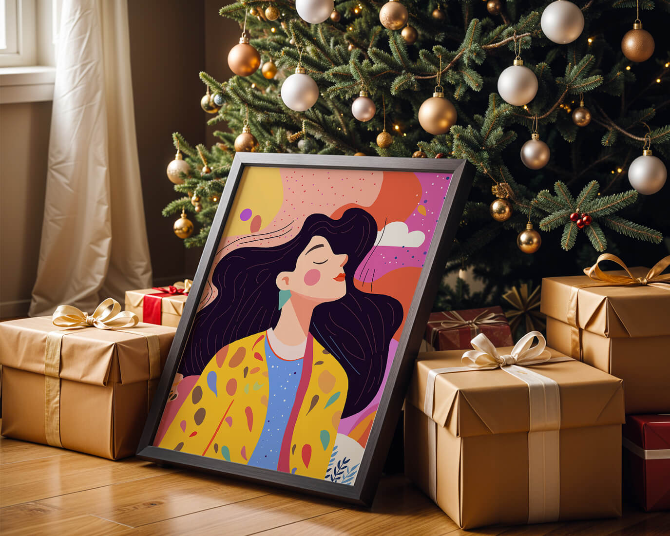 Ilustración colorida de una mujer en estilo artístico con fondo vibrante