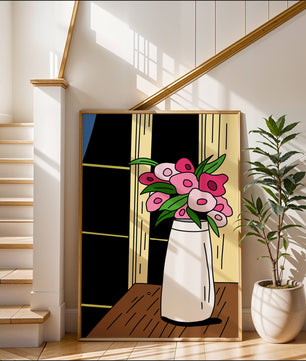 Abstract illustration of flowers in a vase on a wooden table