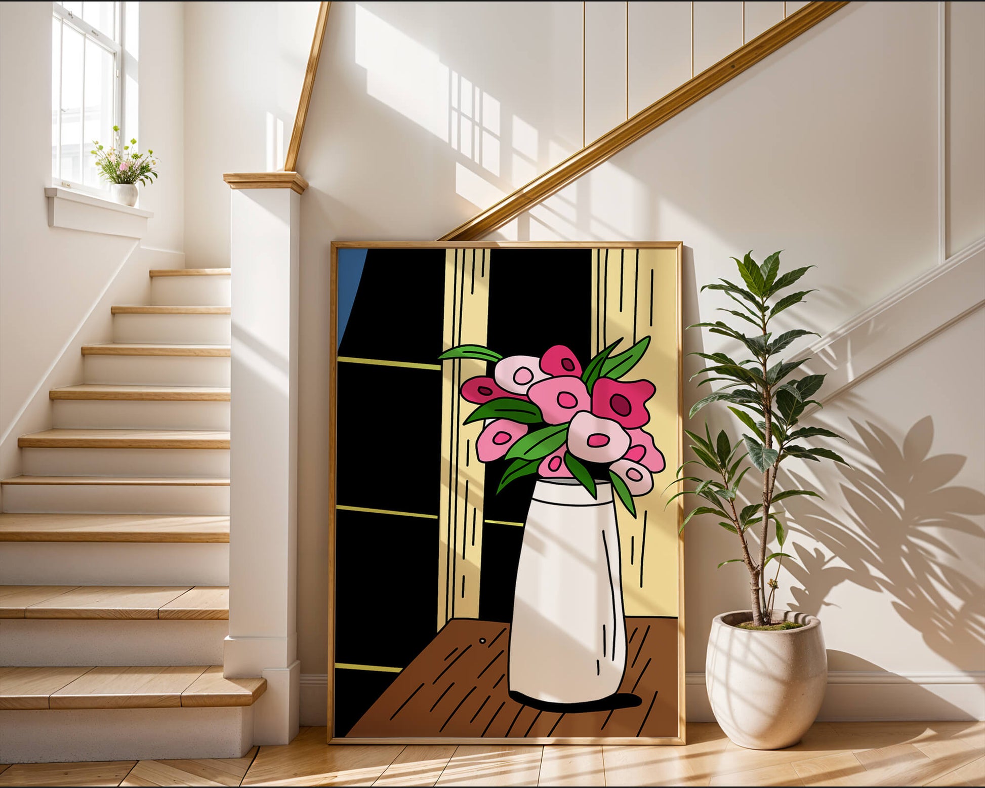 Abstract illustration of flowers in a vase on a wooden table