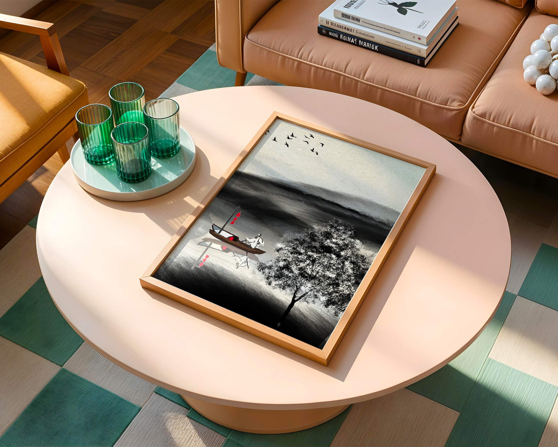 Tranquilo viaje en barco en un paisaje sereno con pájaros y árbol