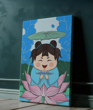 Whimsical illustration of a joyful child with lotus and umbrella