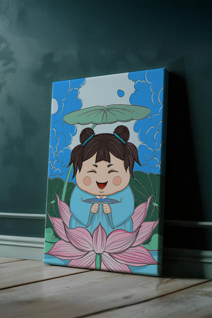 Whimsical illustration of a joyful child with lotus and umbrella
