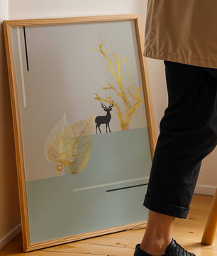 Abstract Deer with Golden Elements and Leaves on Minimalist Background