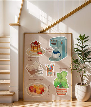 Elementos esenciales del hogar acogedor que incluyen pastel de fresa, cafetera y materiales de estudio