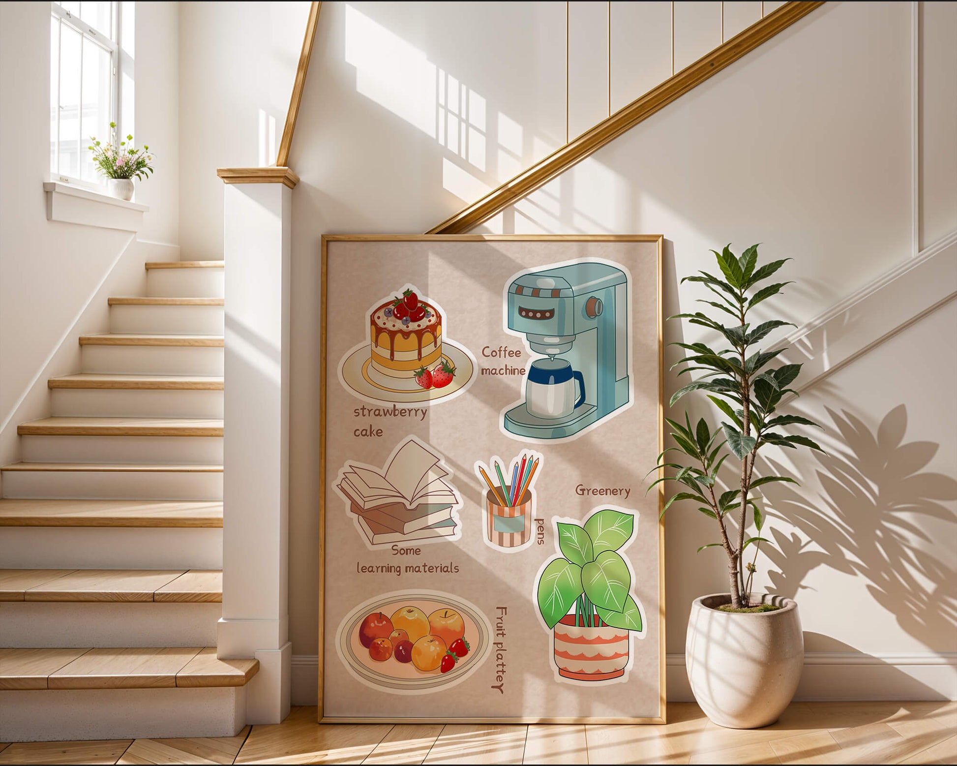 Elementos esenciales para un hogar acogedor, como tarta de fresa, cafetera y materiales de estudio.