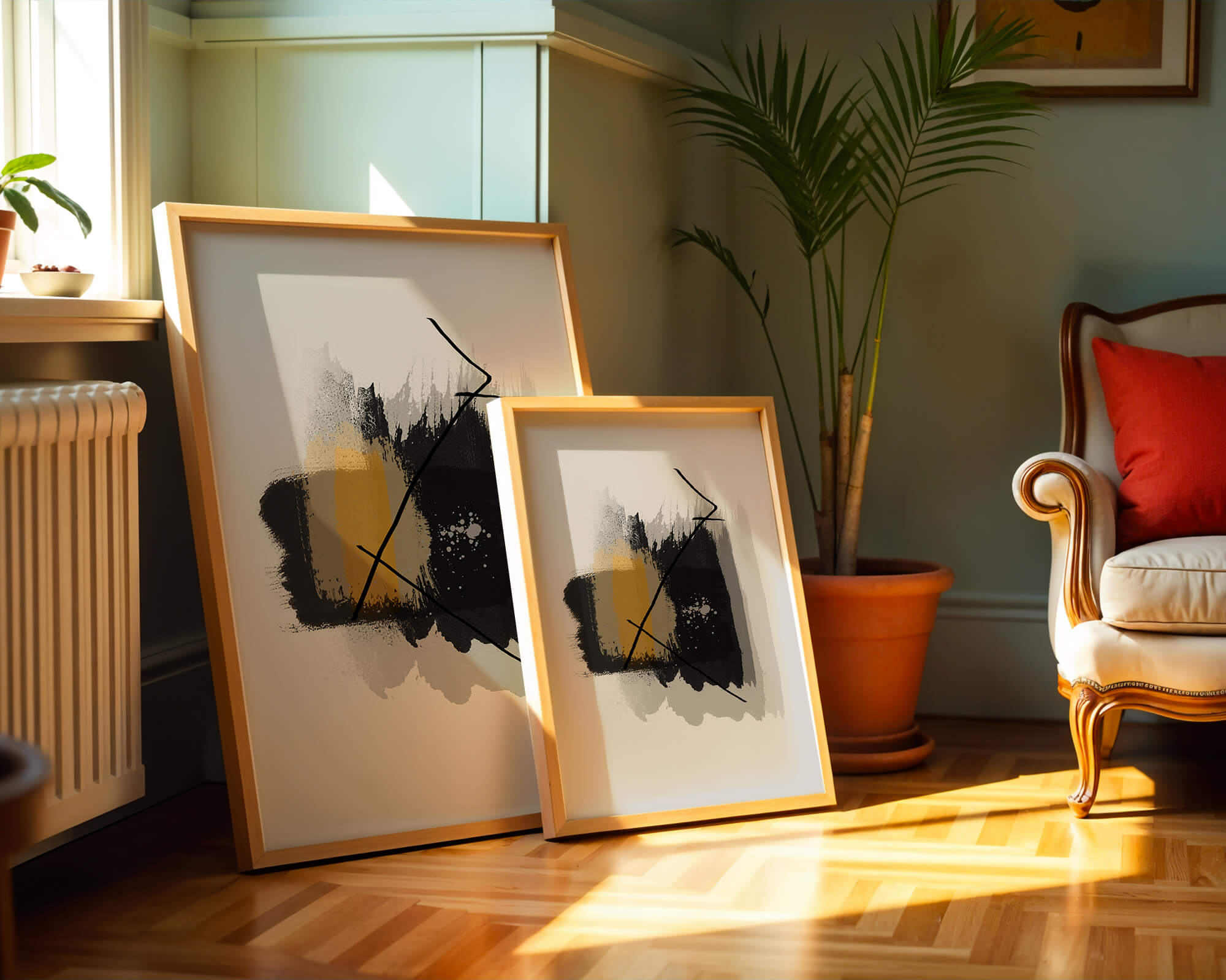 Abstract modern art with golden and black brush strokes