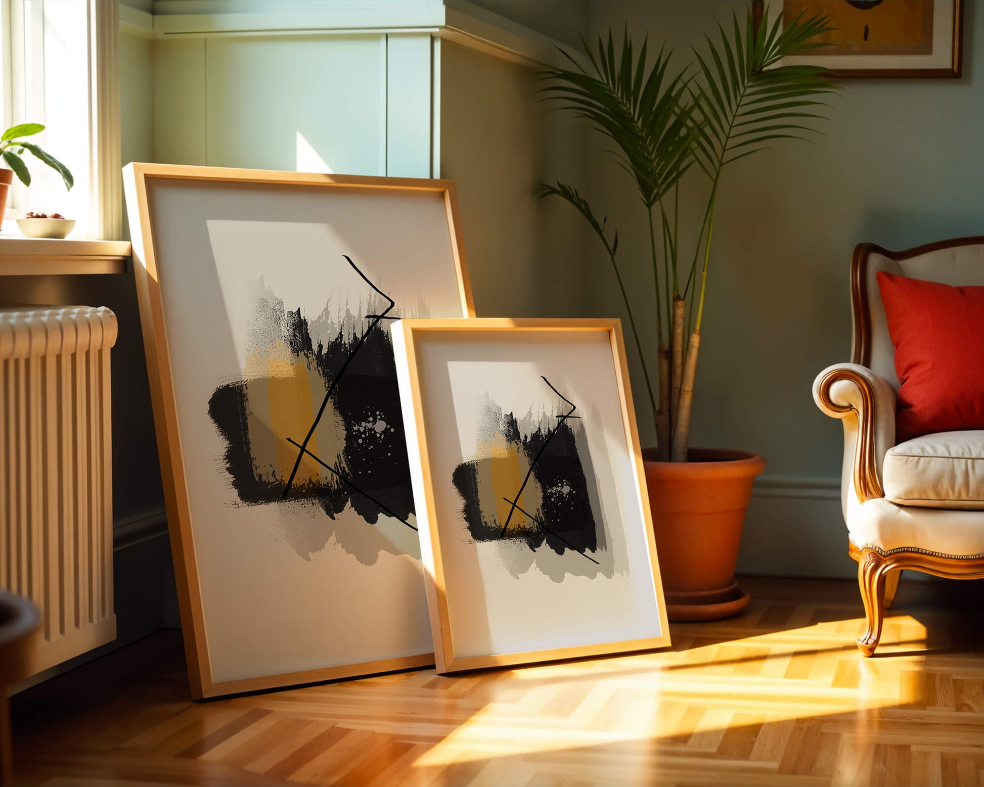 Abstract modern art with golden and black brush strokes