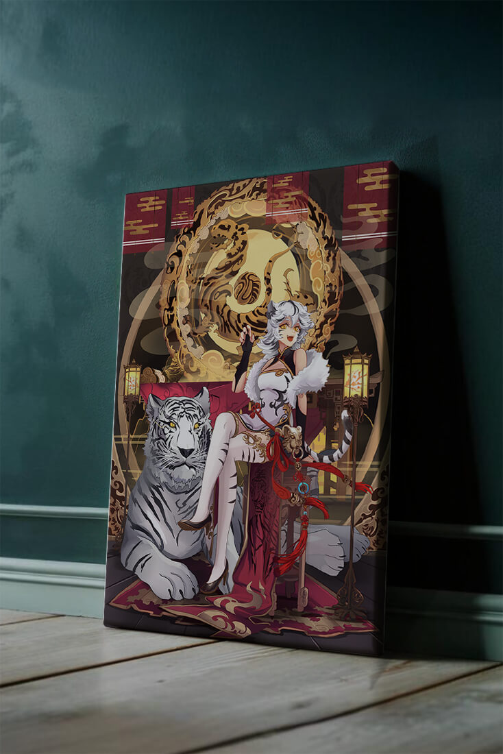 Elegant fantasy character with mystical tiger and ornate decor