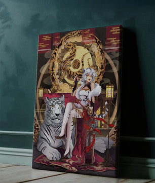 Elegant fantasy character with mystical tiger and ornate decor