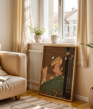 Serene woman with fan surrounded by flowers