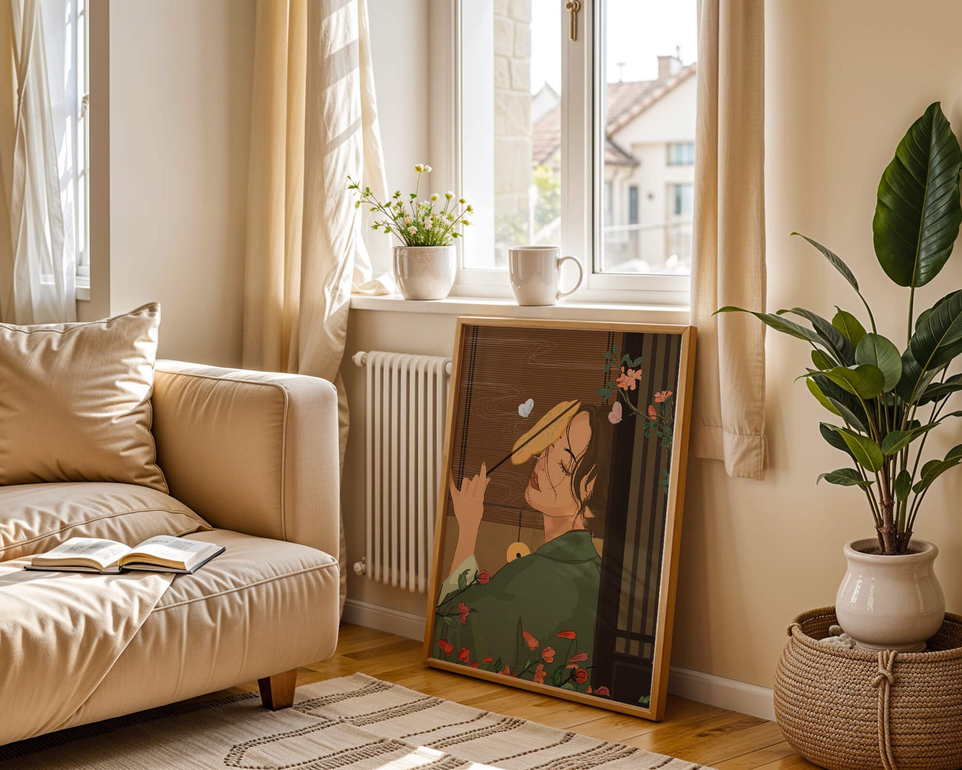 Serene woman with fan surrounded by flowers