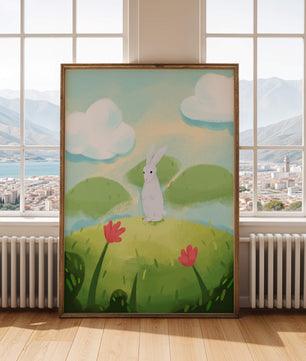 Paisaje caprichoso con conejo y flores coloridas