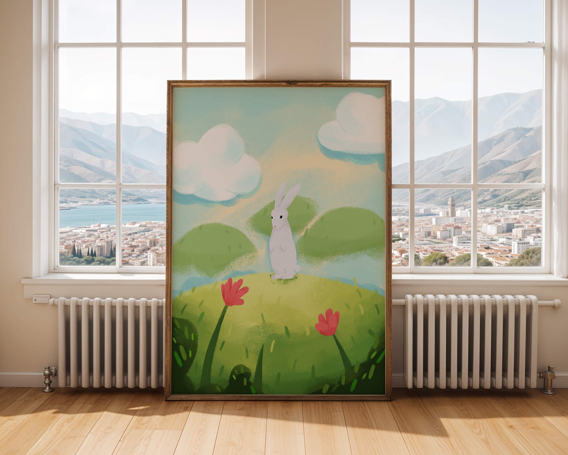 Whimsical landscape with rabbit and colorful flowers
