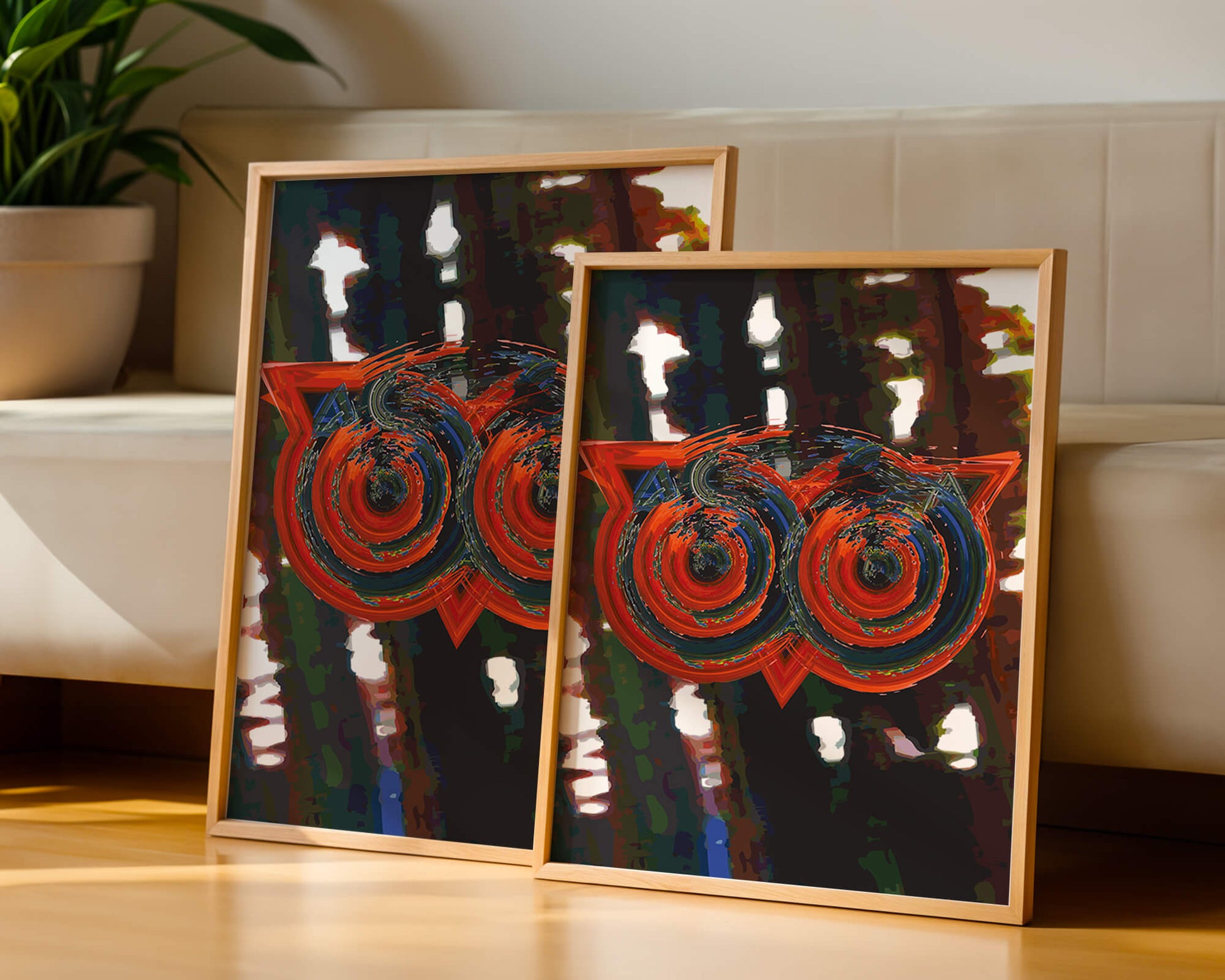 Abstract artwork featuring colorful geometric owl design
