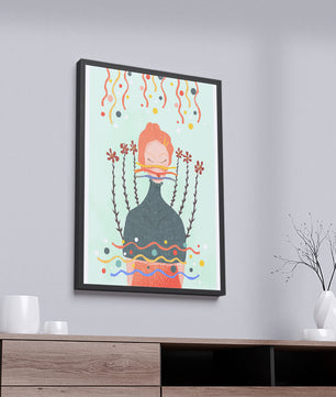 Whimsical Abstract Art of a Woman with Flowers and Streamers - Mi tienda