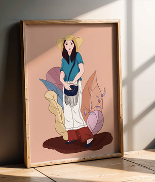 Ilustración de moda de una mujer con sombrero sobre fondo pastel