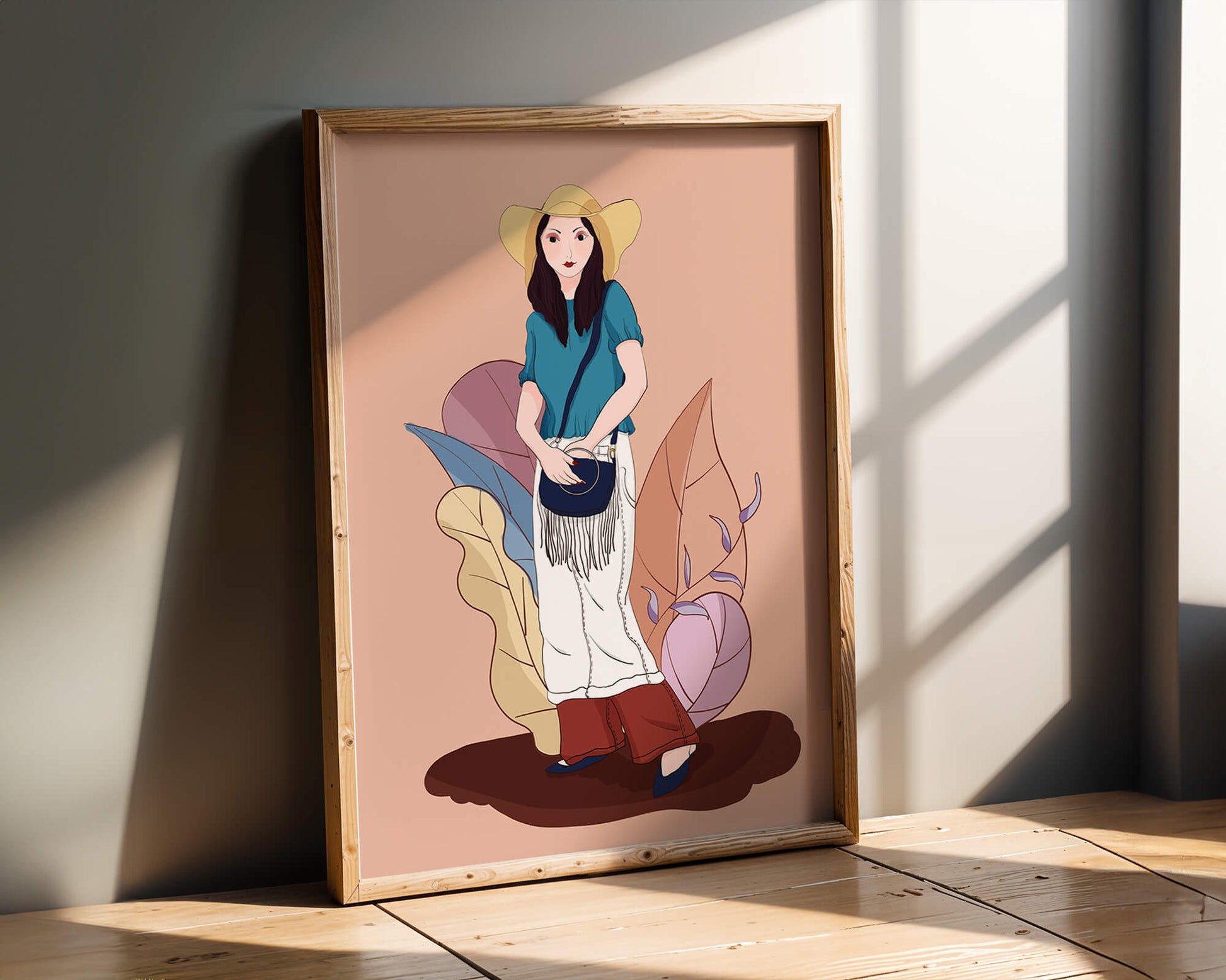Ilustración de moda de una mujer con sombrero sobre fondo pastel