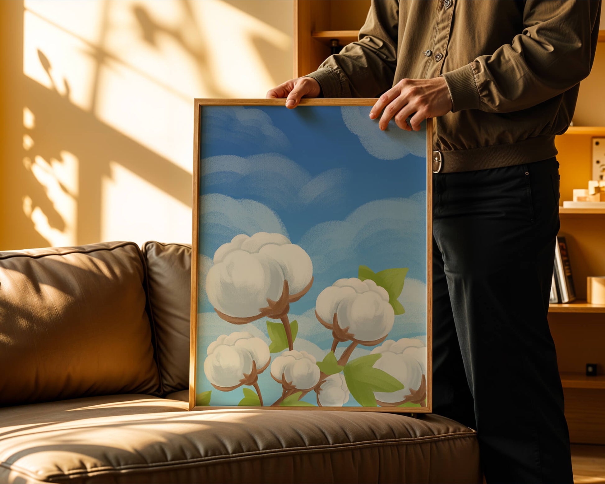 Künstlerische Illustration von Baumwollpflanzen vor einem klaren blauen Himmel
