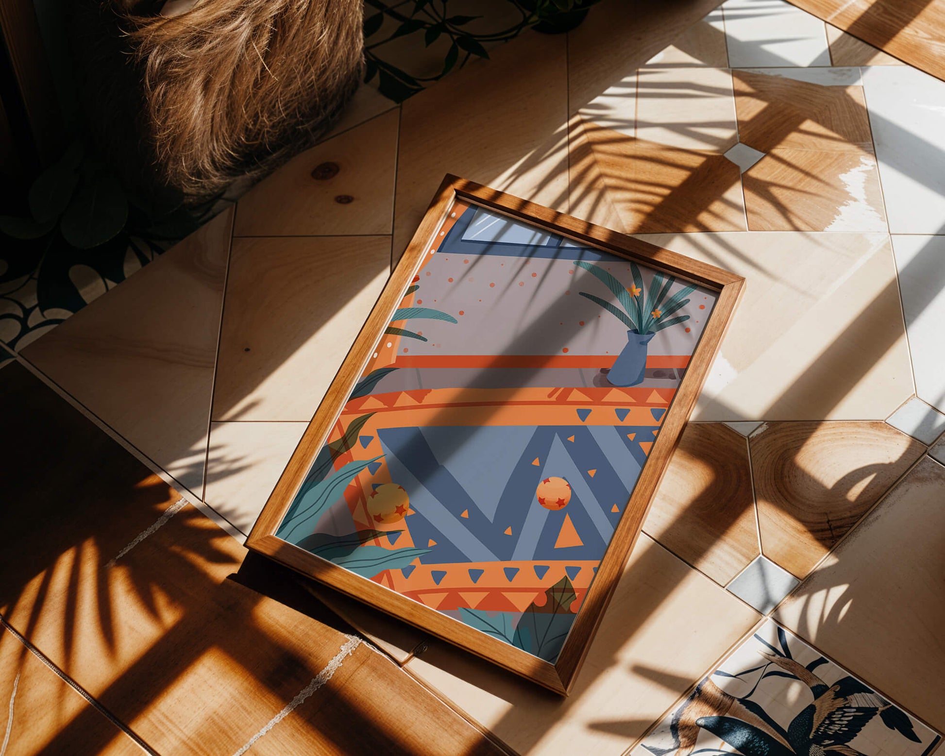 Interior abstracto moderno con patrones geométricos y planta