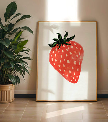 Illustrative design of a vibrant red strawberry with green leaves