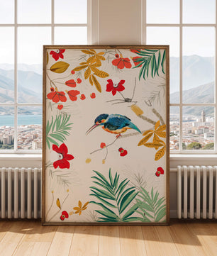 Oiseaux et feuillages colorés dans un décor botanique tropical