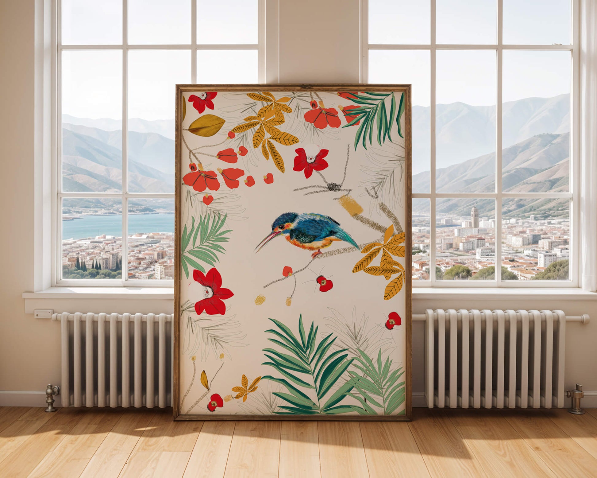 Oiseaux et feuillages colorés dans un décor botanique tropical