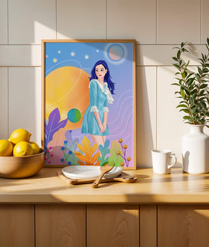 Ilustración de fantasía de una mujer en un jardín cósmico con colores vibrantes