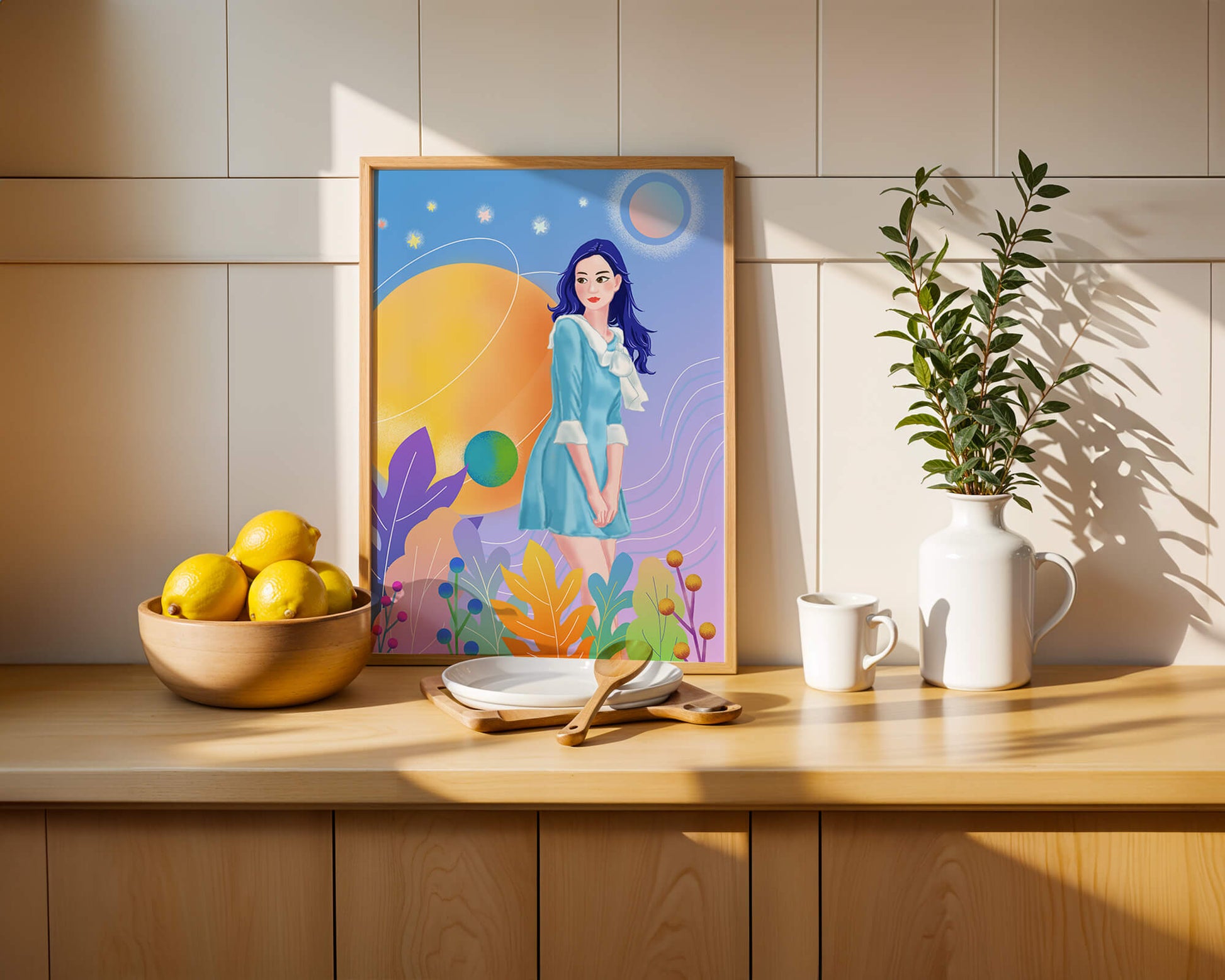 Ilustración de fantasía de una mujer en un jardín cósmico con colores vibrantes