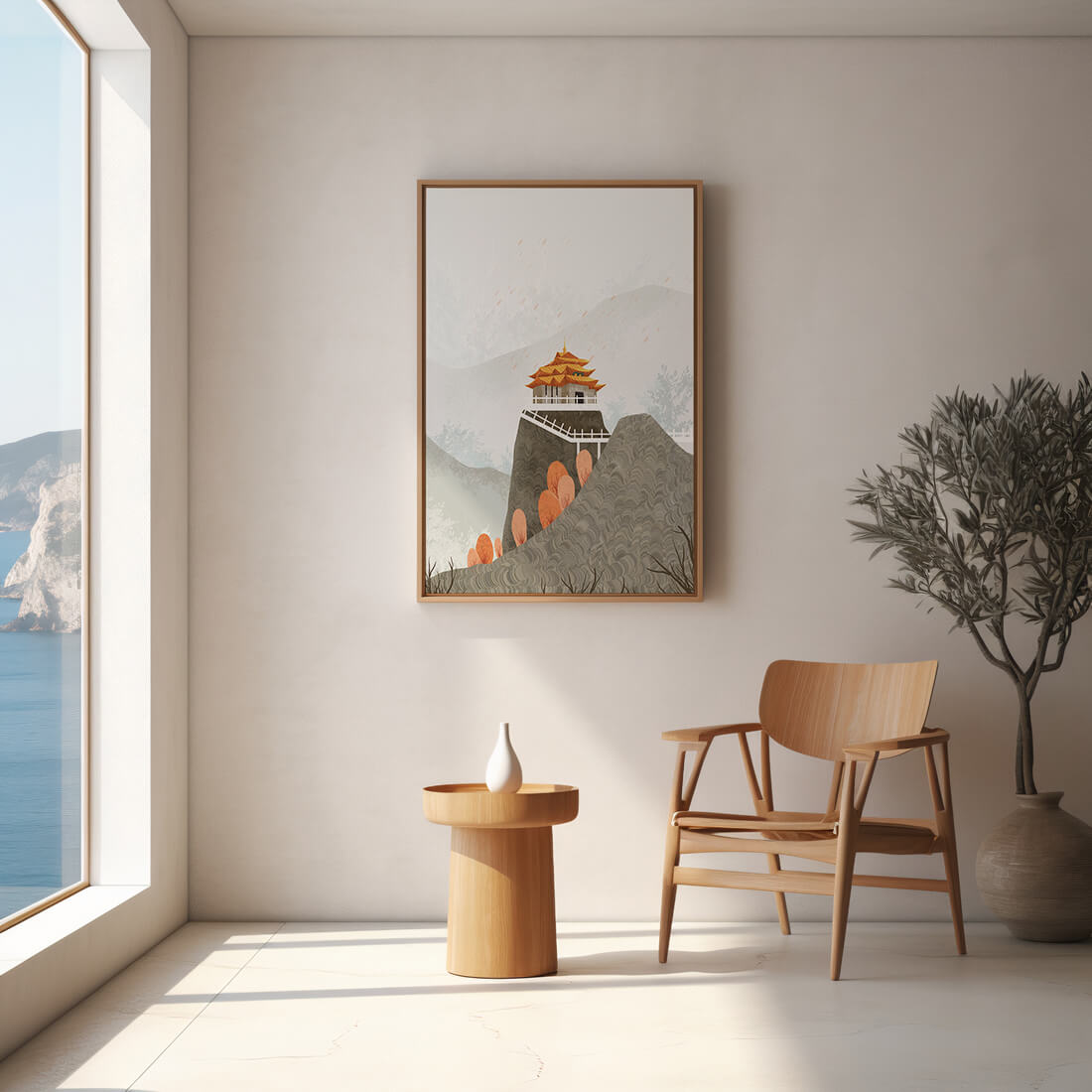 Serene mountain landscape with traditional Asian architecture