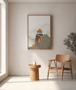 Serene mountain landscape with traditional Asian architecture