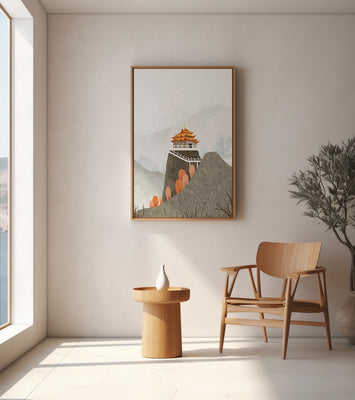 Serene mountain landscape with traditional Asian architecture