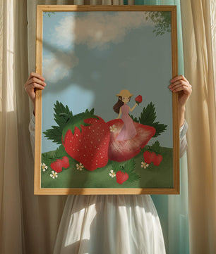Ilustración encantadora de una niña en un campo de fresas