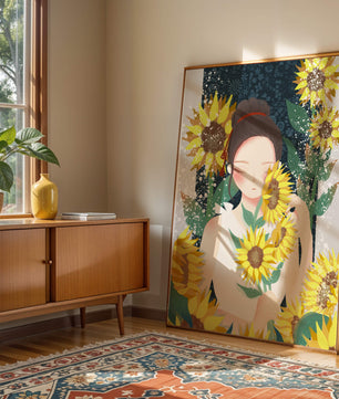Young woman surrounded by vibrant sunflowers in a serene setting