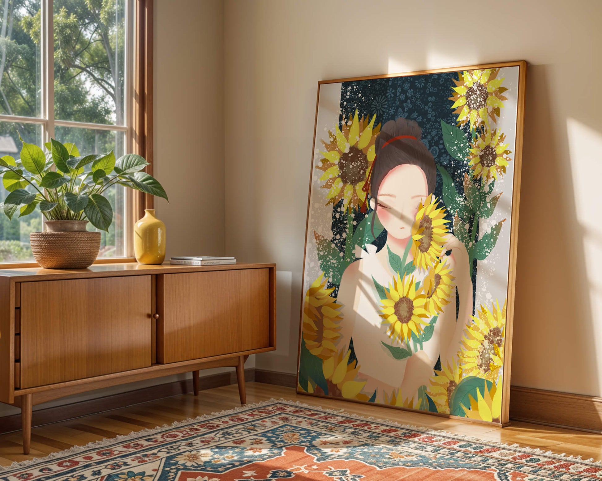 Young woman surrounded by vibrant sunflowers in a serene setting