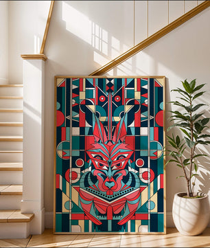 Arte abstracto geométrico de lobo con influencias tribales