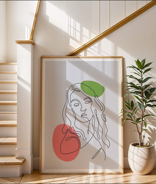 Line Art Portrait auf grauem Hintergrund mit Farbakzenten 