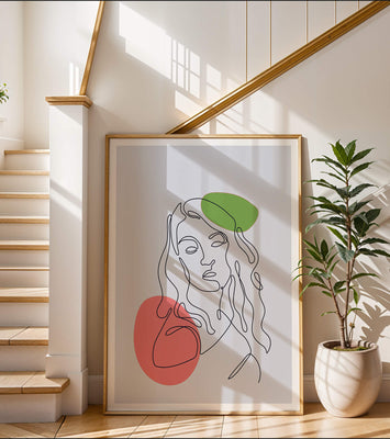 Line Art Portrait on Gray Background with Color Accents