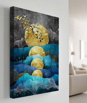 Abstract Landscape with Golden Sun and Flying Birds