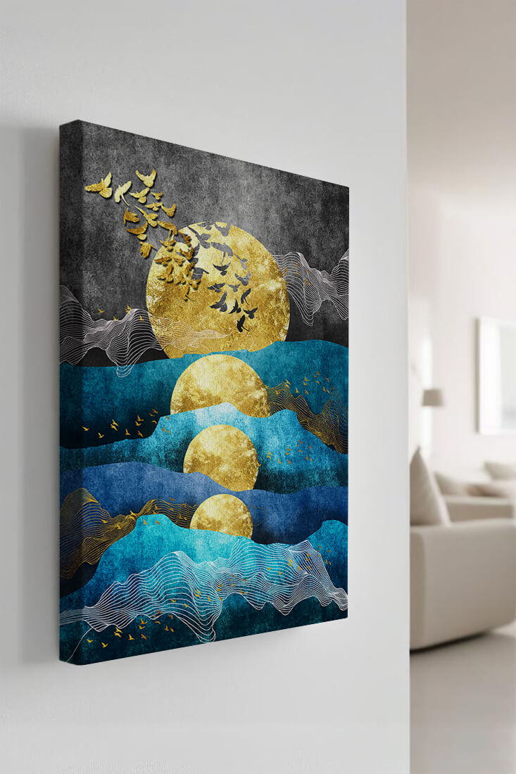 Abstract Landscape with Golden Sun and Flying Birds