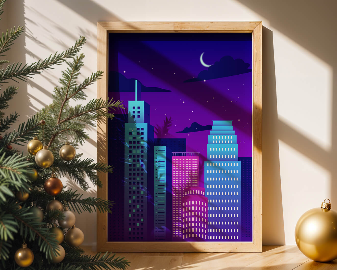 Vibrant city skyline at night with modern skyscrapers and starry sky