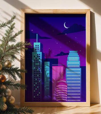 Vibrant city skyline at night with modern skyscrapers and starry sky