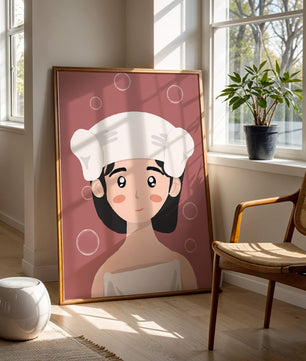 Illustration of a person in a towel with bubbles on a pink background