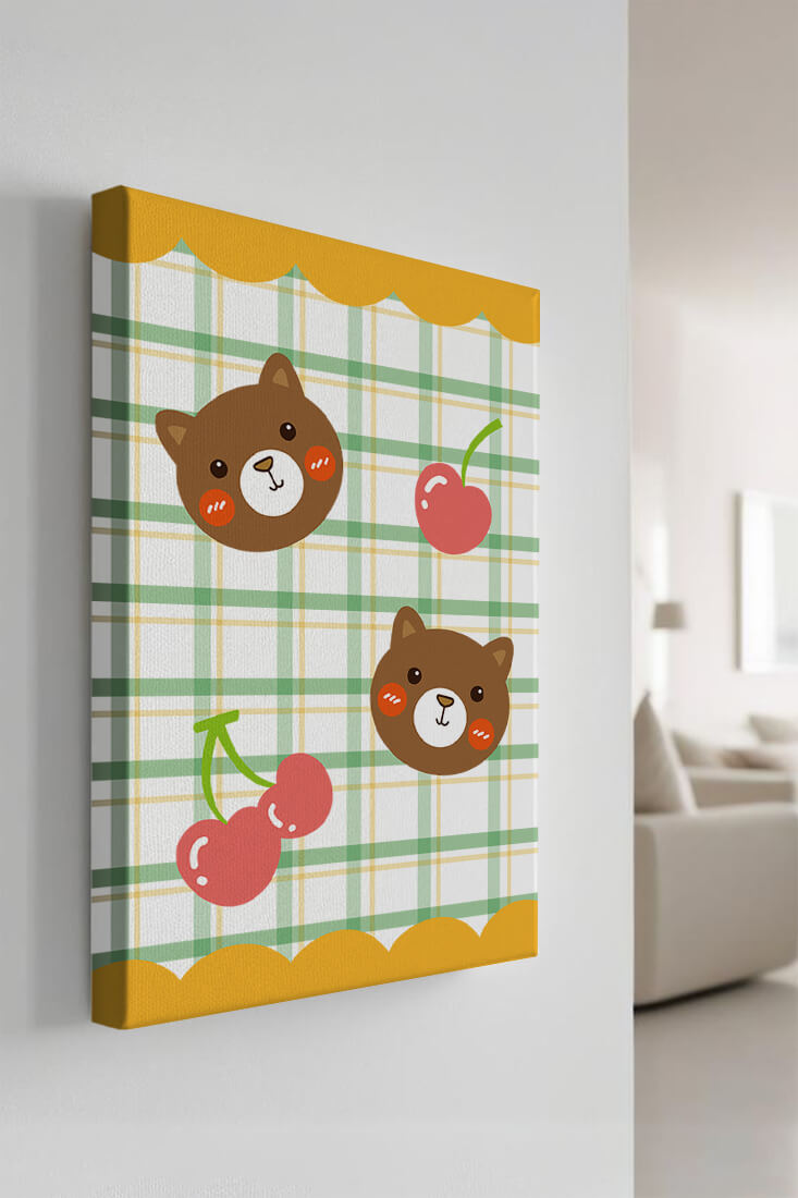 Playful bear and cherry pattern with plaid background