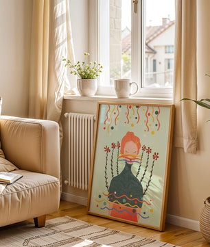 Whimsical Abstract Art of a Woman with Flowers and Streamers - Mi tienda