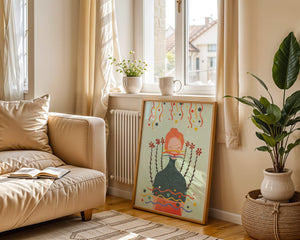 Whimsical Abstract Art of a Woman with Flowers and Streamers - Mi tienda