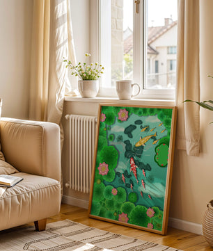 Étang à carpes koï vibrant avec des fleurs de lotus et des nénuphars verts